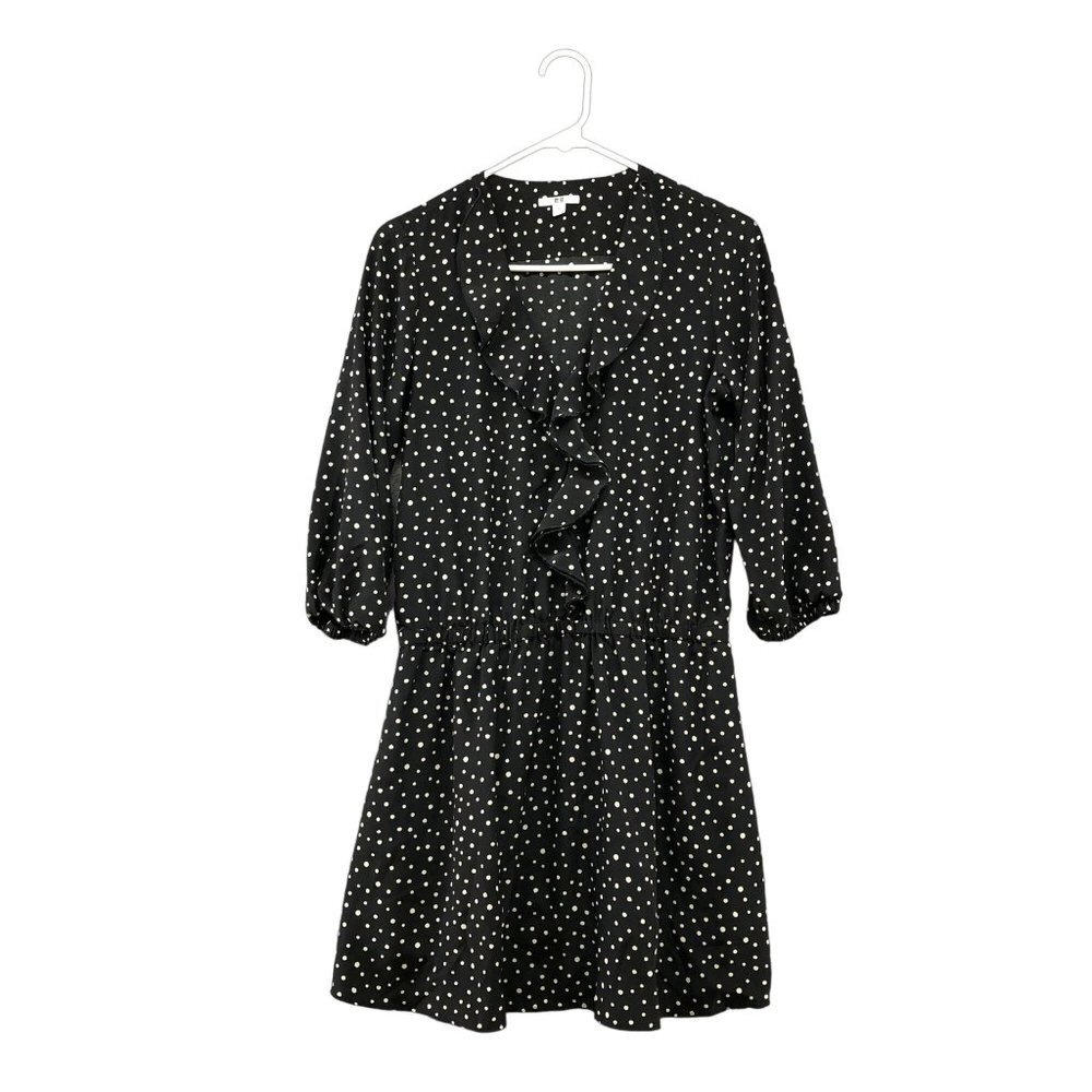 Uniqlo Mini Dress S Polka Dot Black White Ruffle Front A Line 3/4 Sleeve‎ V Neck